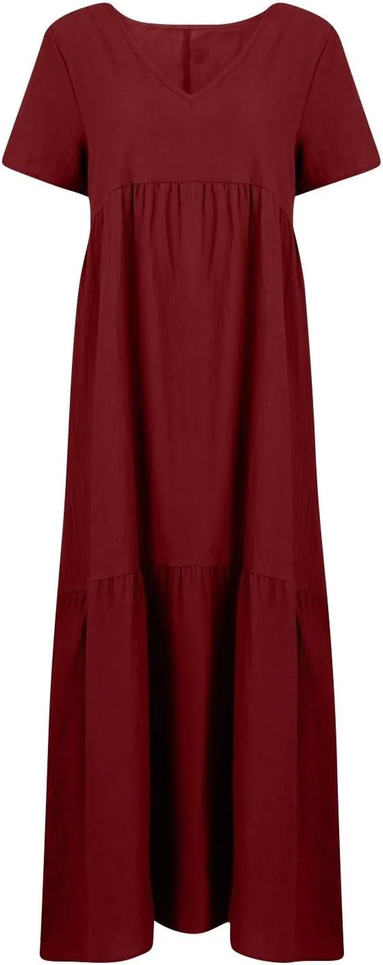 Linen Dress Women Summer Short Sleeve Tiered Maxi Plus Size Dresses Flowy Tshirt V Neck Beach Empire Waist Dress