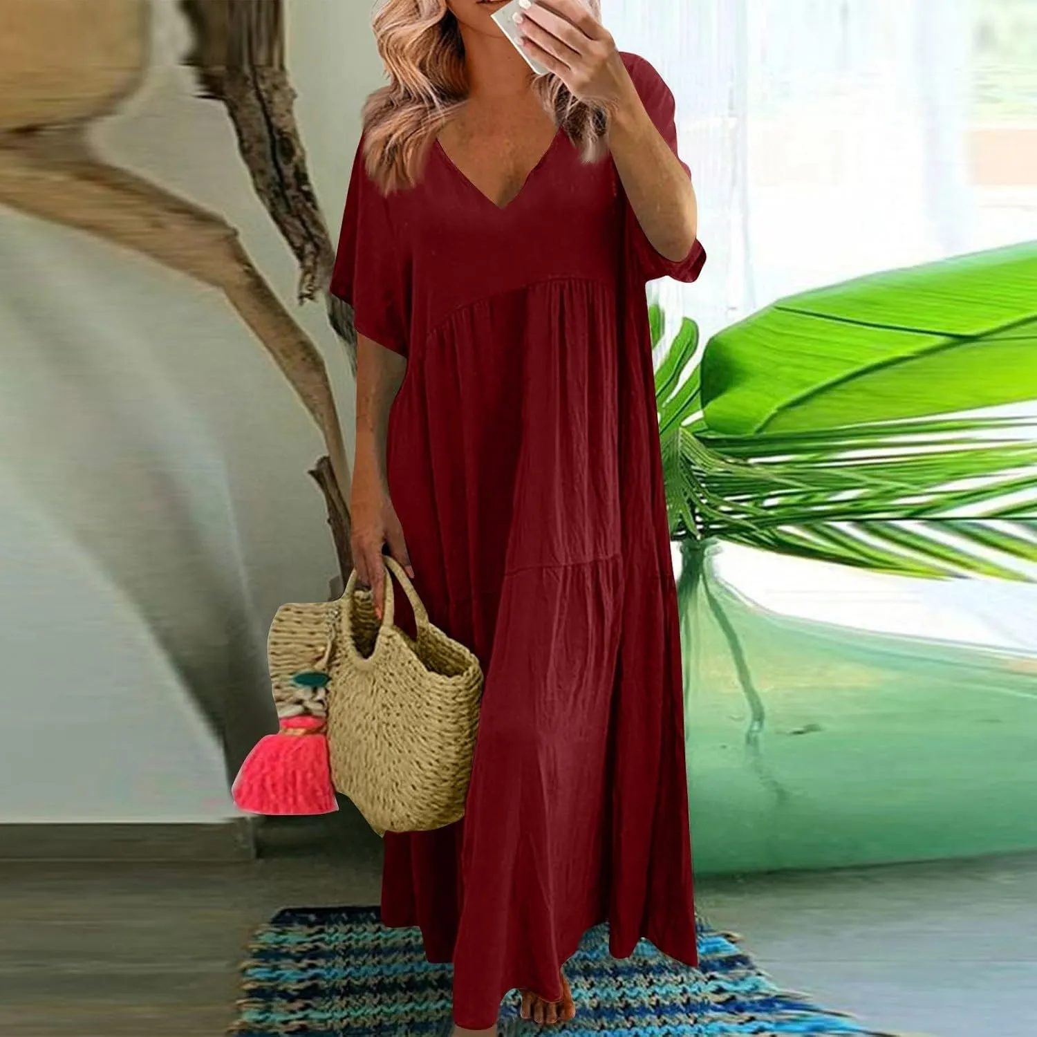 Linen Dress Women Summer Short Sleeve Tiered Maxi Plus Size Dresses Flowy Tshirt V Neck Beach Empire Waist Dress