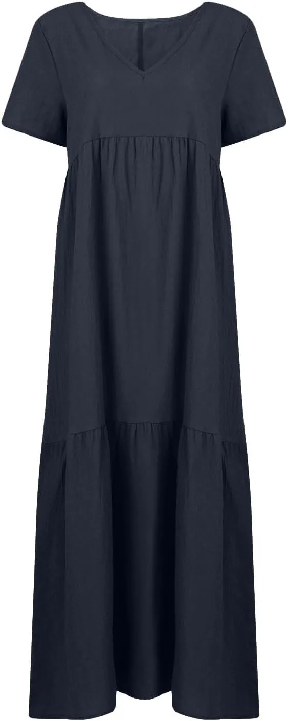 Linen Dress Women Summer Short Sleeve V Neck Plus Size Maxi Dresses Casual Flowy Loose Long Vacation Beach Sundress