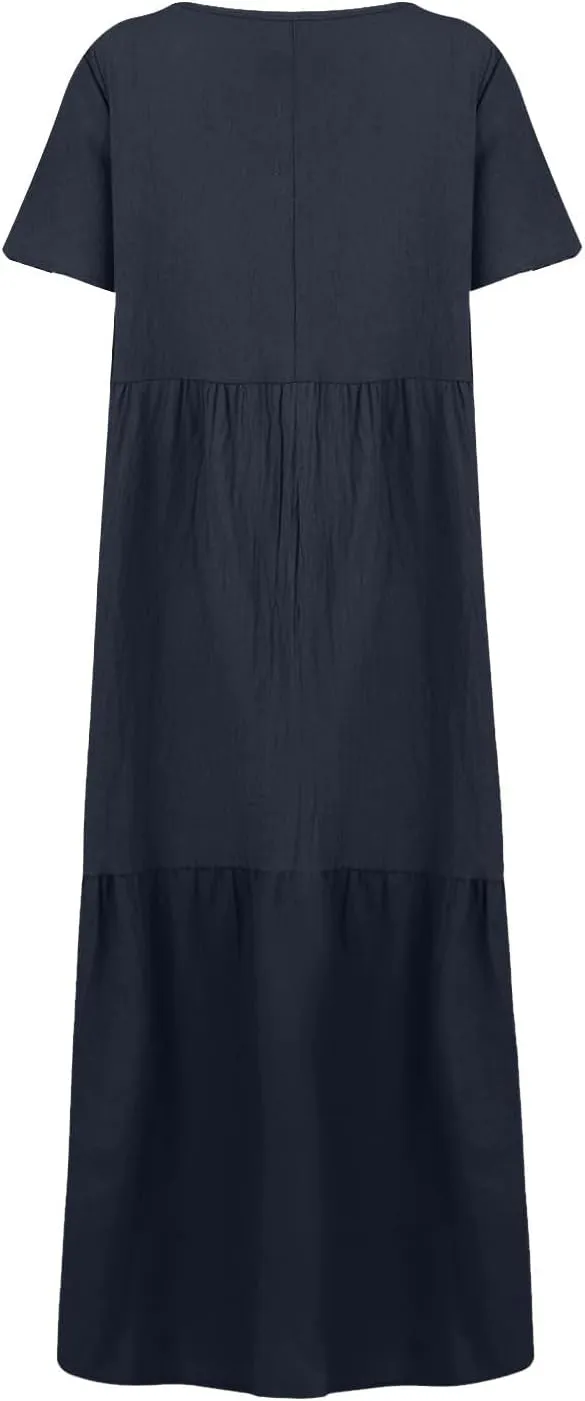 Linen Dress Women Summer Short Sleeve V Neck Plus Size Maxi Dresses Casual Flowy Loose Long Vacation Beach Sundress