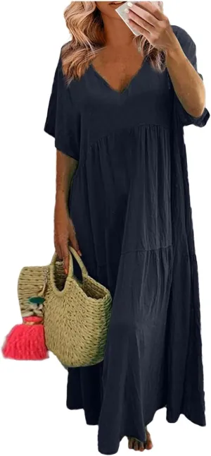 Linen Dress Women Summer Short Sleeve V Neck Plus Size Maxi Dresses Casual Flowy Loose Long Vacation Beach Sundress