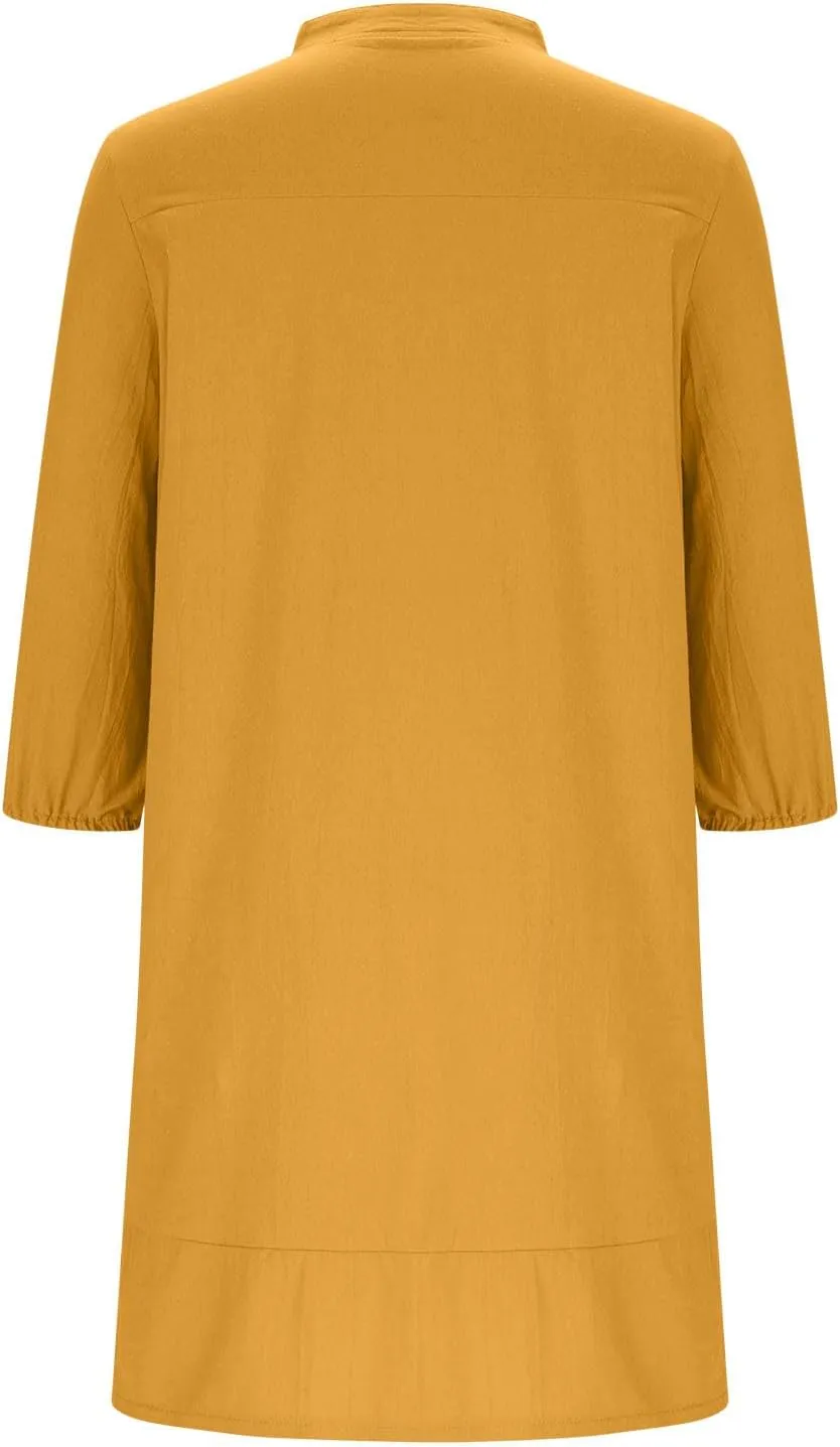Linen Dresses for Women 2025 Casual Summer Cotton Linen Dress Tunic Flowy Mini Sundress 3/4 Sleeve Beach Outfits