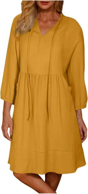 Linen Dresses for Women 2025 Casual Summer Cotton Linen Dress Tunic Flowy Mini Sundress 3/4 Sleeve Beach Outfits