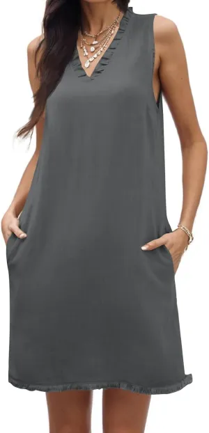 Linen Dresses for Women 2025 Ruffle V Neck Sleeveless Casual Summer Dress with Pockets Tunic Loose Mini Beach Dress