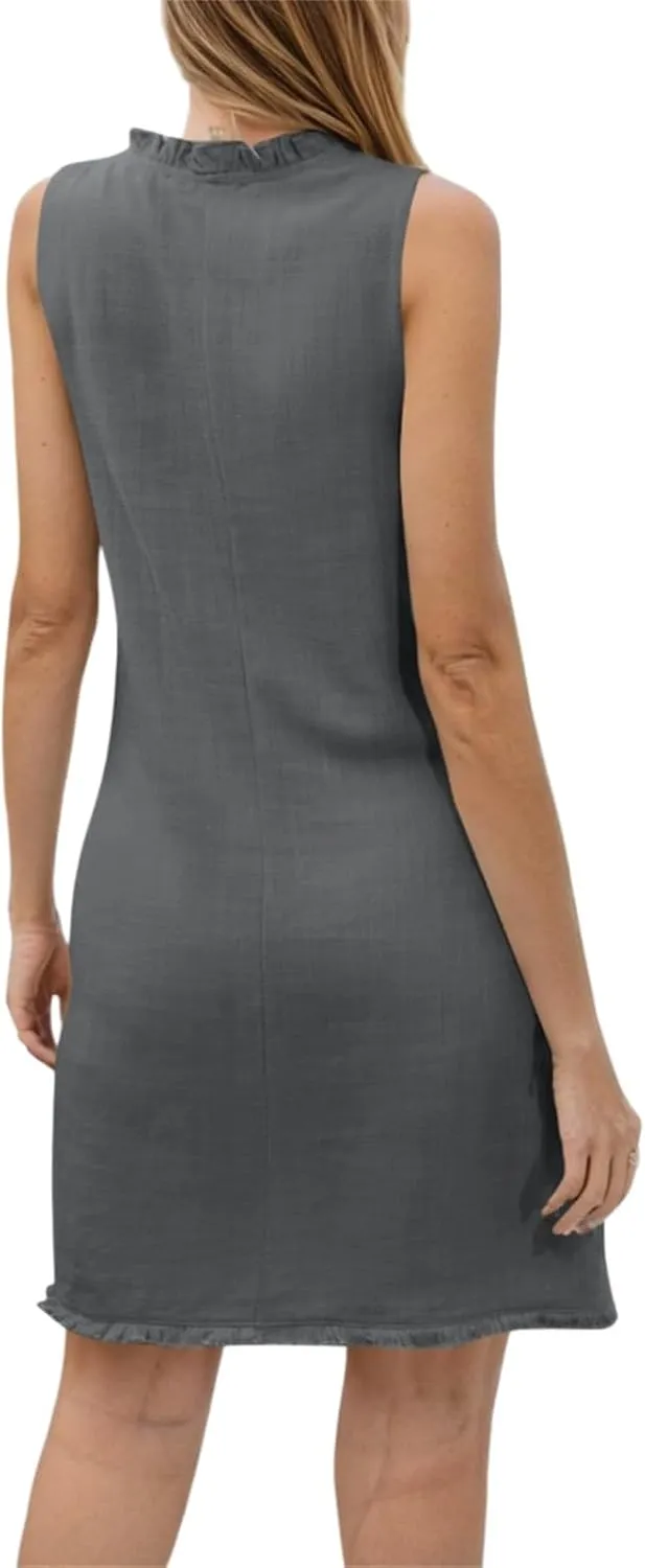 Linen Dresses for Women 2025 Ruffle V Neck Sleeveless Casual Summer Dress with Pockets Tunic Loose Mini Beach Dress
