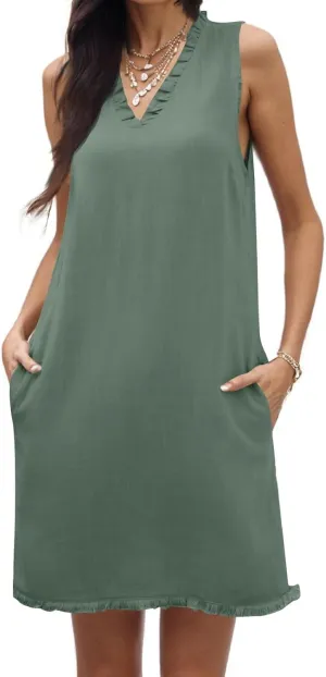 Linen Dresses for Women 2025 Ruffle V Neck Sleeveless Casual Summer Dress with Pockets Tunic Loose Mini Beach Dress