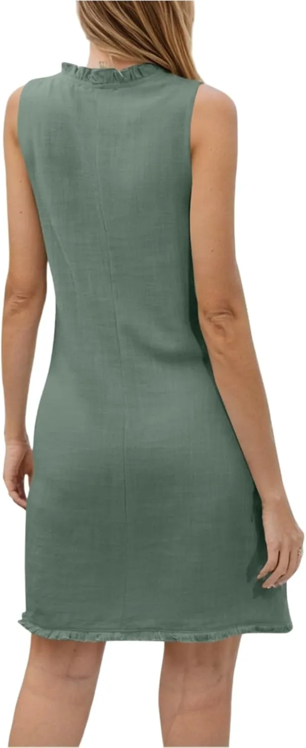 Linen Dresses for Women 2025 Ruffle V Neck Sleeveless Casual Summer Dress with Pockets Tunic Loose Mini Beach Dress