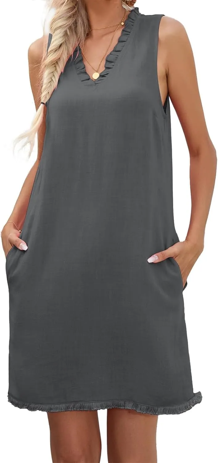 Linen Dresses for Women 2025 Ruffle V Neck Sleeveless Casual Summer Dress with Pockets Tunic Loose Mini Beach Dress