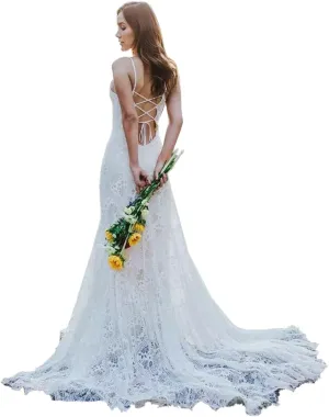LIPOSA Boho Lace Wedding Dresses for Bride Spaghetti Strap Sweetheart A Line Sleeveless Courthouse Bridal Gowns
