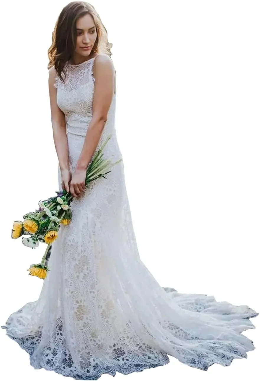 LIPOSA Boho Lace Wedding Dresses for Bride Spaghetti Strap Sweetheart A Line Sleeveless Courthouse Bridal Gowns