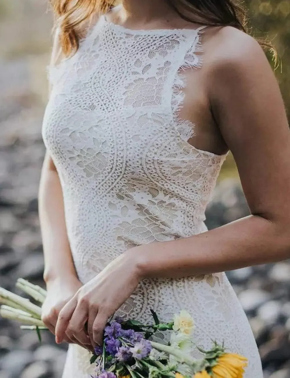 LIPOSA Boho Lace Wedding Dresses for Bride Spaghetti Strap Sweetheart A Line Sleeveless Courthouse Bridal Gowns