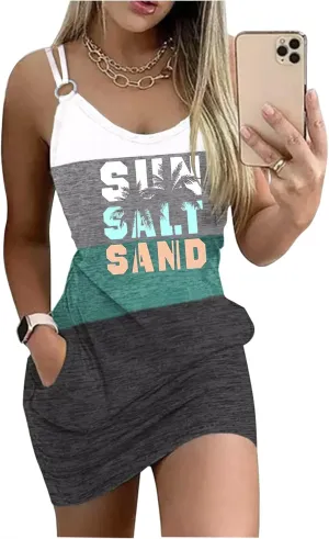 Live Simple Coconut Tree Color Block Pocket Mini Dress Women Summer Beach Sleeveless Strap Tshirt