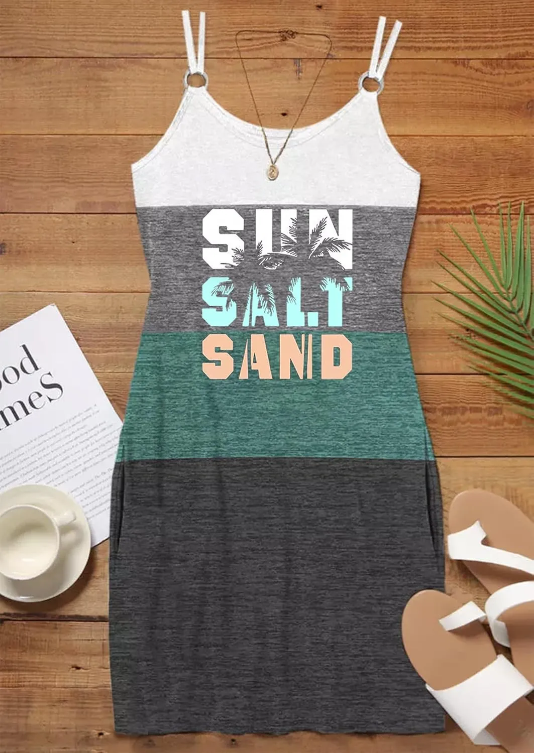 Live Simple Coconut Tree Color Block Pocket Mini Dress Women Summer Beach Sleeveless Strap Tshirt