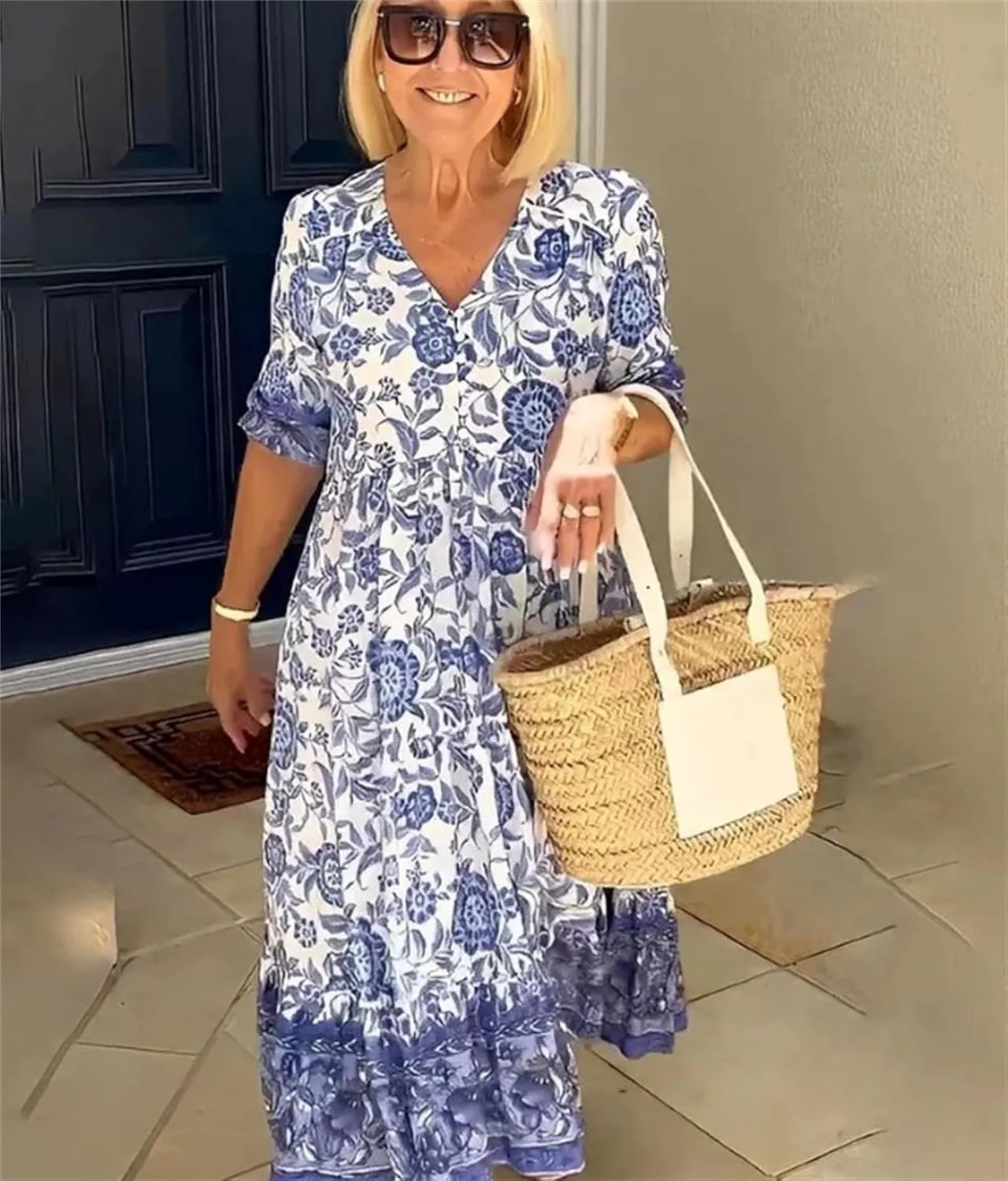 LOAIHA Women's Boho Floral Dresses V Neck Short Sleeve Tiered Flowy Plus Size Summer Vacation Knee Length Midi Dress
