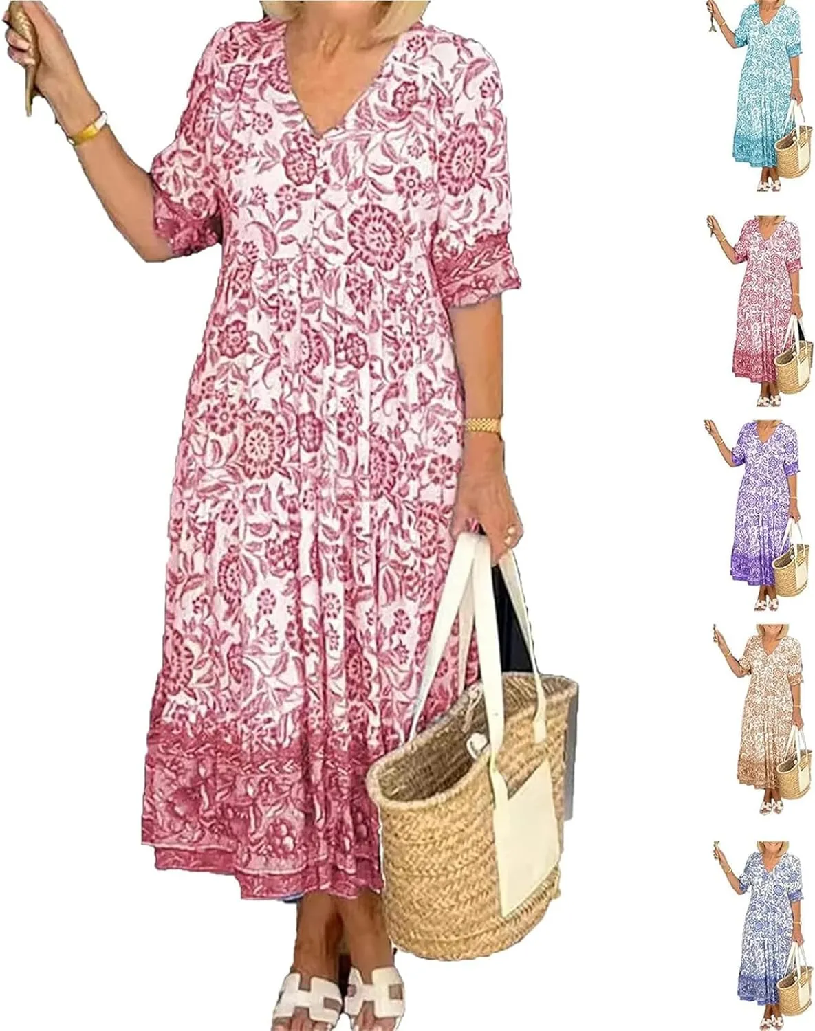 LOAIHA Women's Boho Floral Dresses V Neck Short Sleeve Tiered Flowy Plus Size Summer Vacation Knee Length Midi Dress