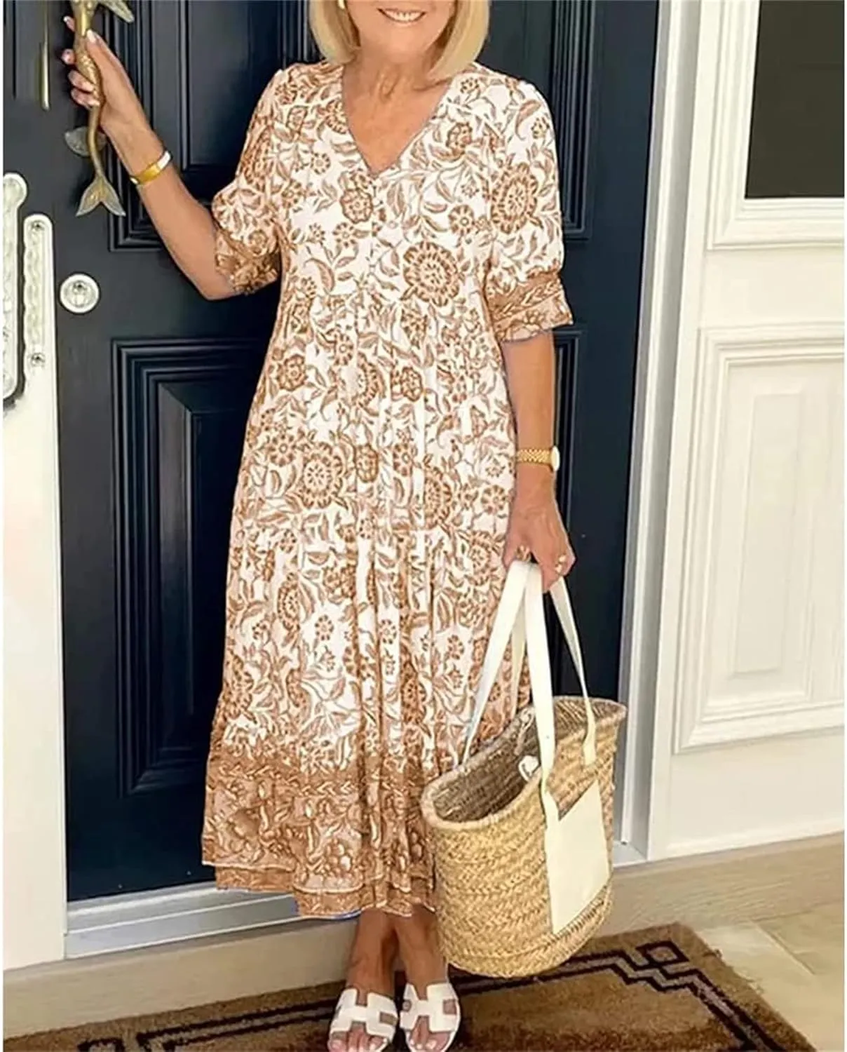 LOAIHA Women's Boho Floral Dresses V Neck Short Sleeve Tiered Flowy Plus Size Summer Vacation Knee Length Midi Dress
