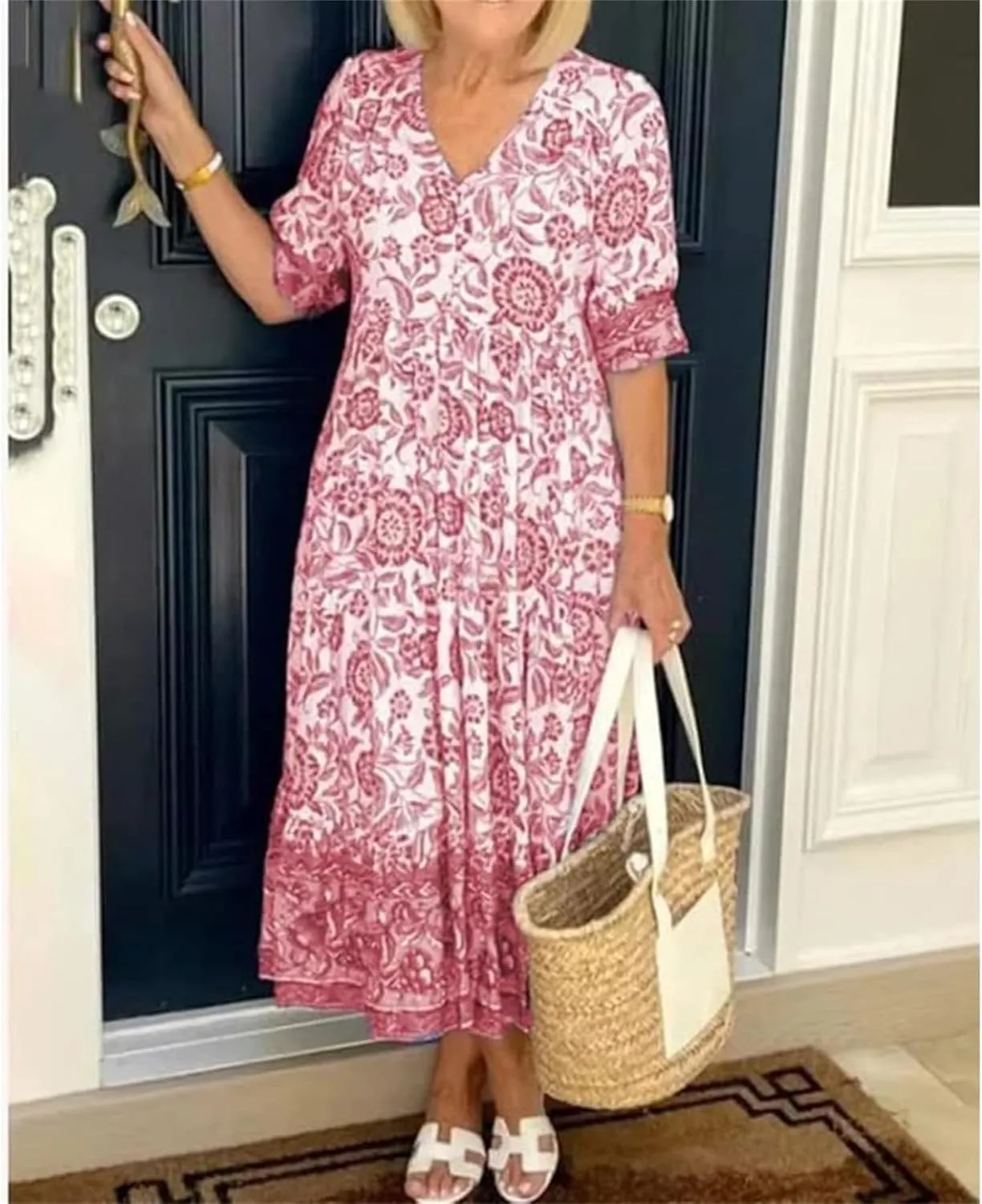 LOAIHA Women's Boho Floral Dresses V Neck Short Sleeve Tiered Flowy Plus Size Summer Vacation Knee Length Midi Dress