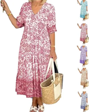 LOAIHA Women's Boho Floral Dresses V Neck Short Sleeve Tiered Flowy Plus Size Summer Vacation Knee Length Midi Dress