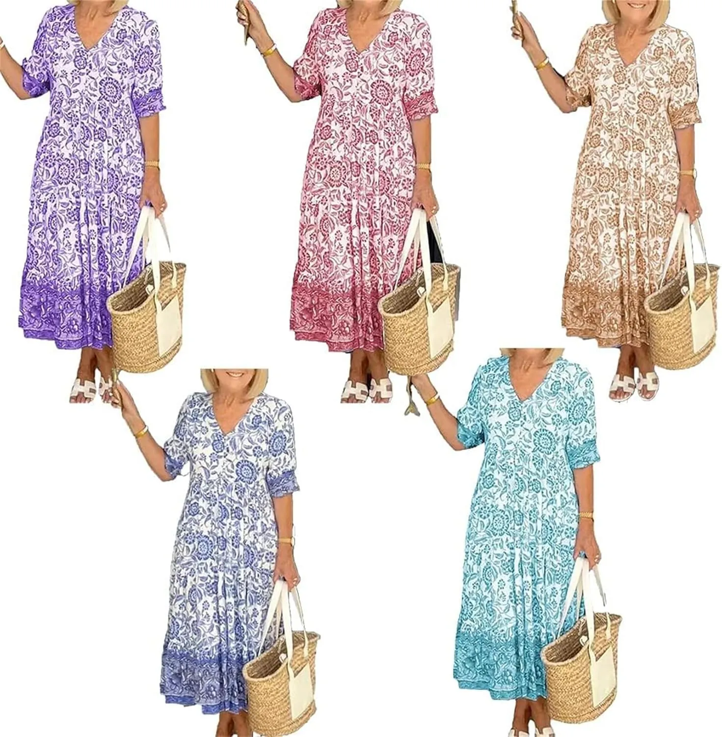 LOAIHA Women's Boho Floral Dresses V Neck Short Sleeve Tiered Flowy Plus Size Summer Vacation Knee Length Midi Dress