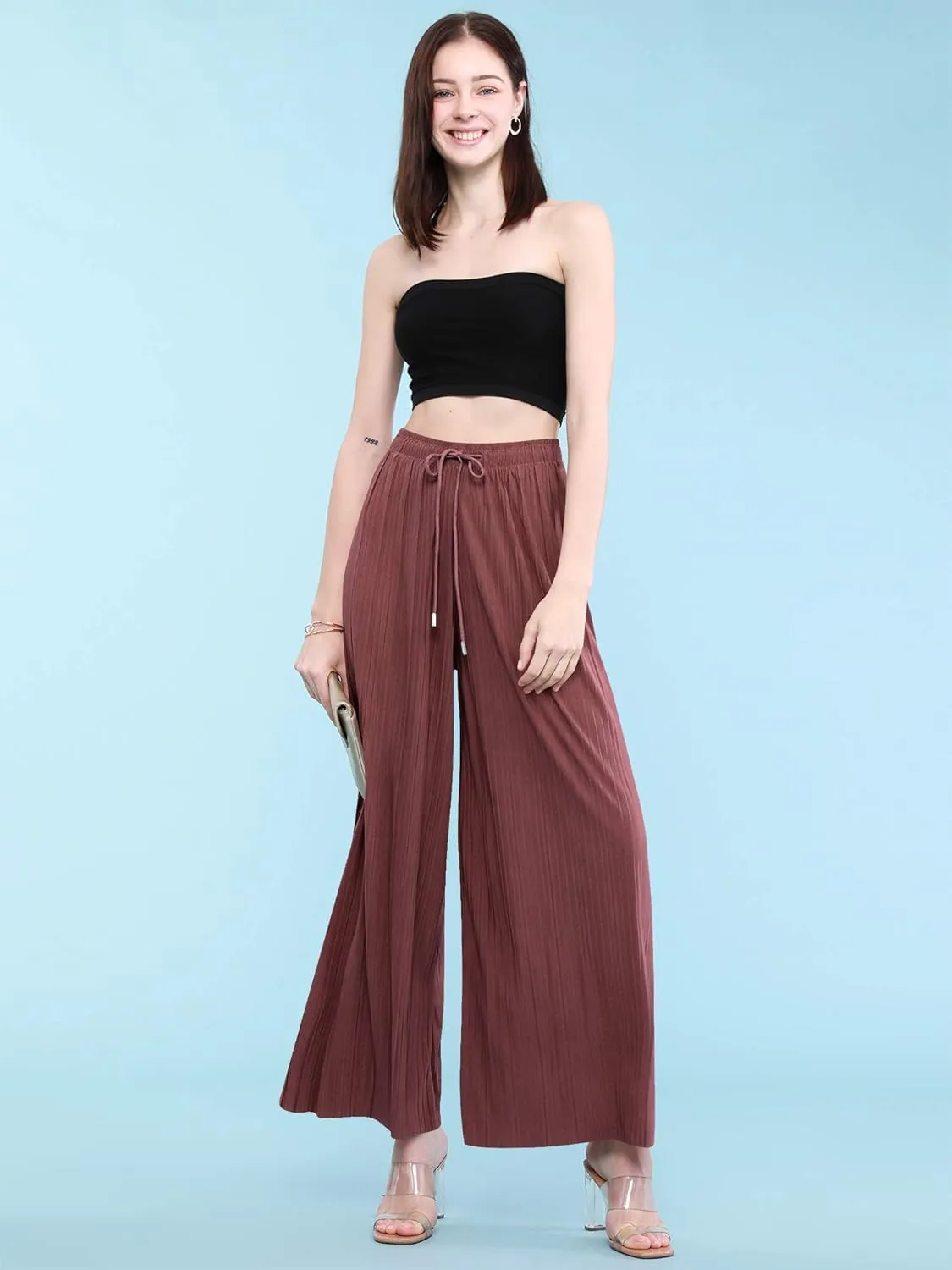 Lock and Love Womens Pleated Wide Leg Palazzo Maxi Pants with Drawstring or Elastic Band