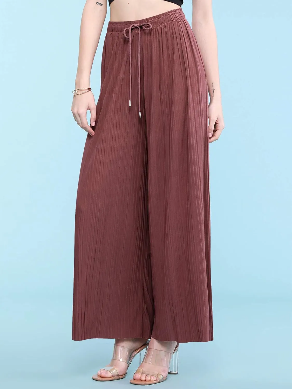 Lock and Love Womens Pleated Wide Leg Palazzo Maxi Pants with Drawstring or Elastic Band