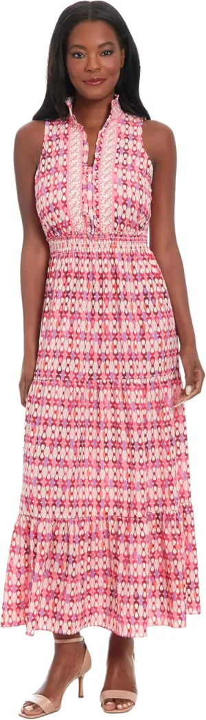 London Times Women's Dresses Womens Sleeveless Stand Collar Maxi Dress - Smocked Waist Tiered Skirt - Special Occasion Wedding Guest Dress, Cream/Rose Red, 12
