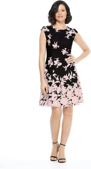 London Times Women's Floral Cap Sleeve Fit/Flare Dress