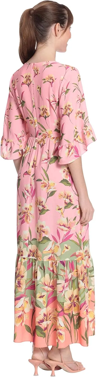 London Times Women's Floral Printed V-Neck Tiered Maxi with Ruffle Elbow Sleeves and Border Hem