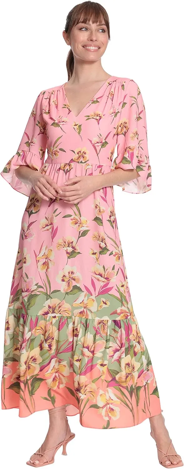 London Times Women's Floral Printed V-Neck Tiered Maxi with Ruffle Elbow Sleeves and Border Hem