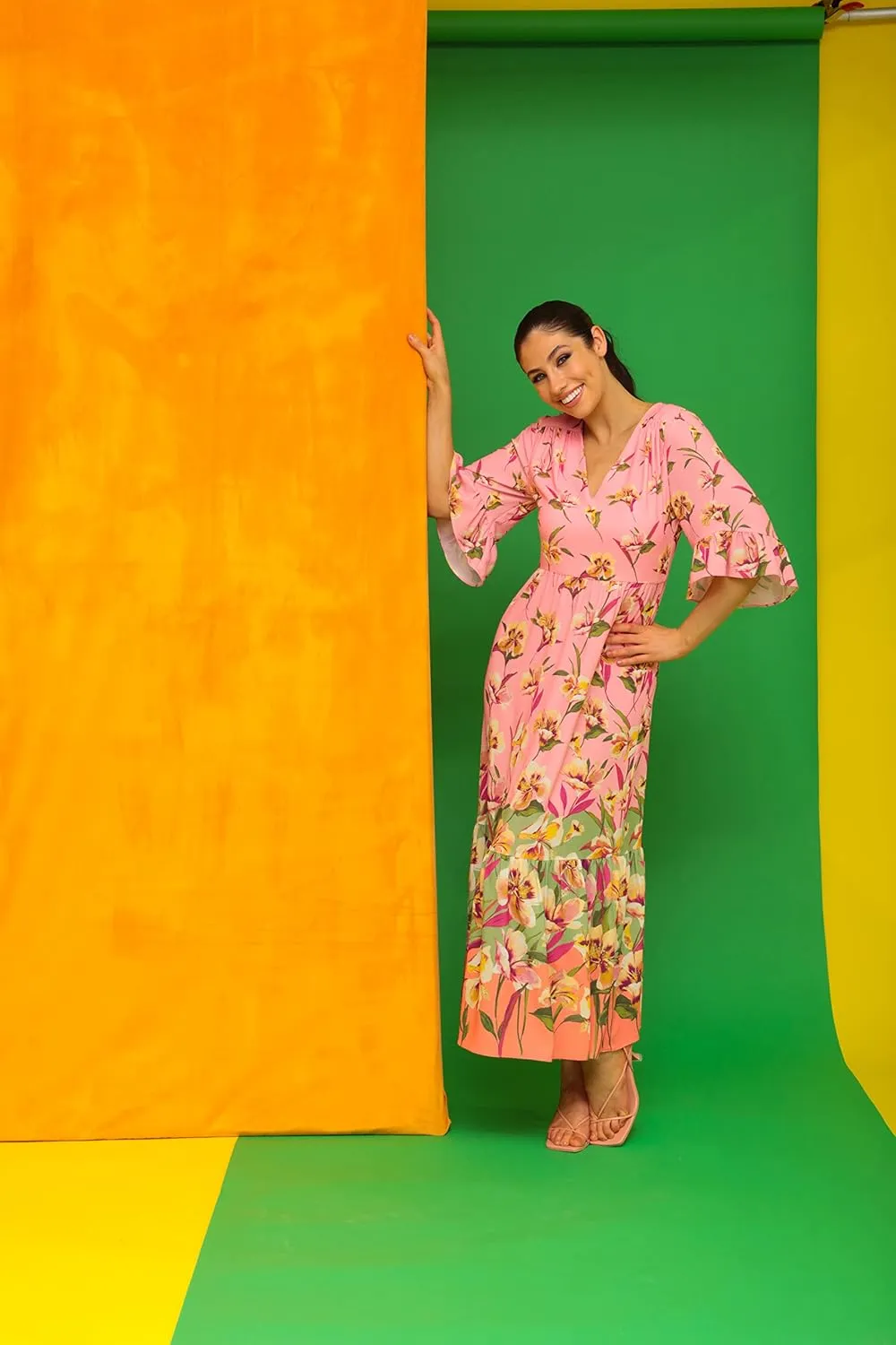 London Times Women's Floral Printed V-Neck Tiered Maxi with Ruffle Elbow Sleeves and Border Hem