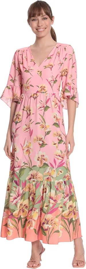 London Times Women's Floral Printed V-Neck Tiered Maxi with Ruffle Elbow Sleeves and Border Hem