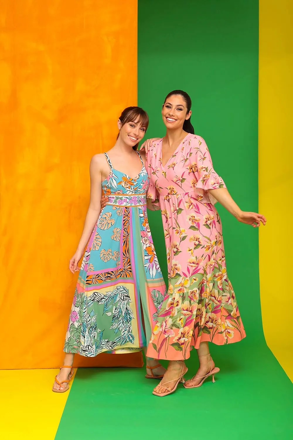 London Times Women's Floral Printed V-Neck Tiered Maxi with Ruffle Elbow Sleeves and Border Hem
