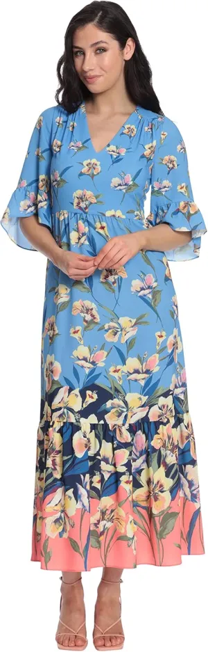 London Times Women's Floral Printed V-Neck Tiered Maxi with Ruffle Elbow Sleeves and Border Hem
