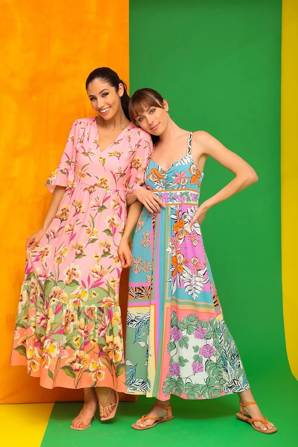 London Times Women's Floral Printed V-Neck Tiered Maxi with Ruffle Elbow Sleeves and Border Hem