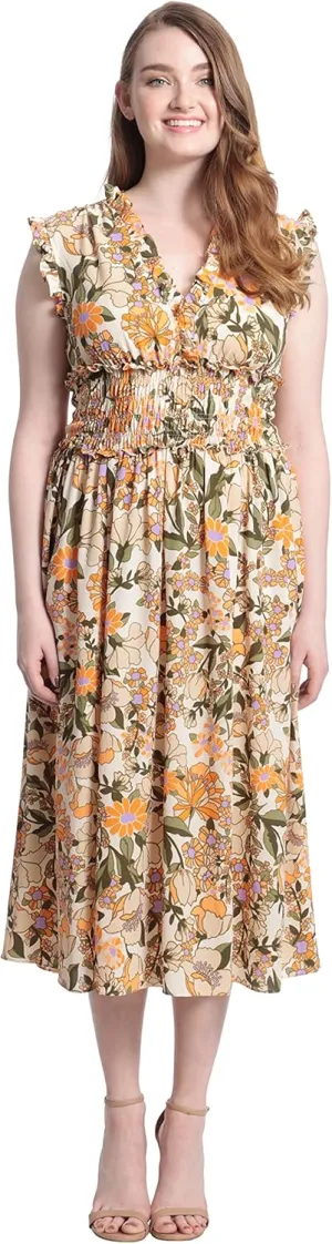 London Times Women's Petite Smocked Waist Mini Ruffle Surplus Retro Peasant Dress, Cream/Light Orange/Green, 6