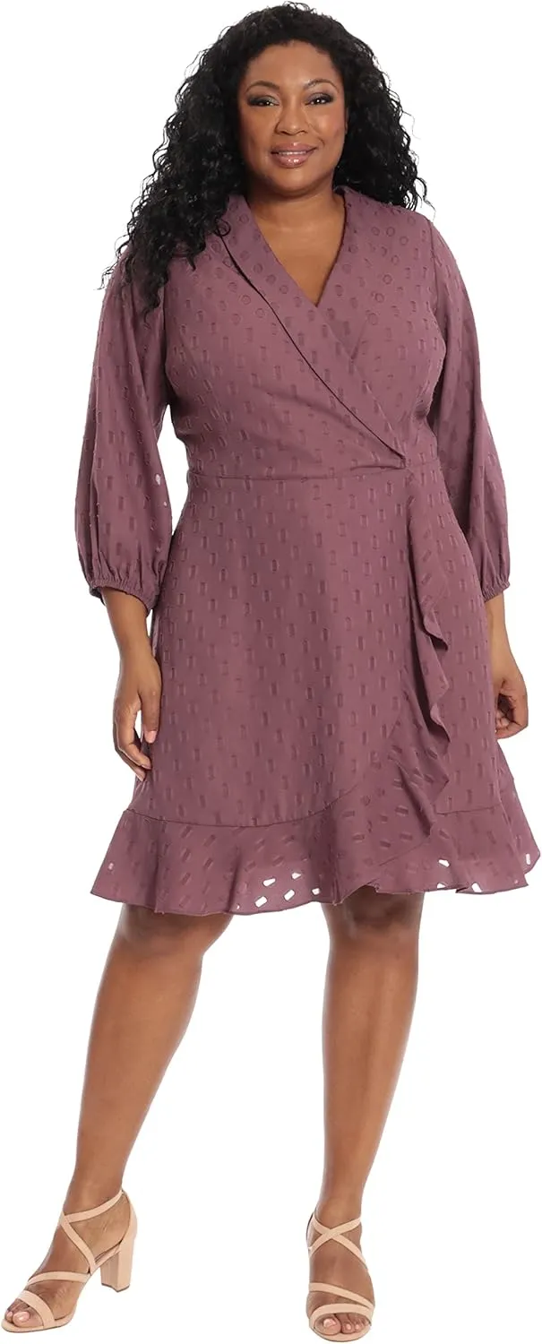 London Times Women's Plus Size Addie Collared Faux Wrap Dress