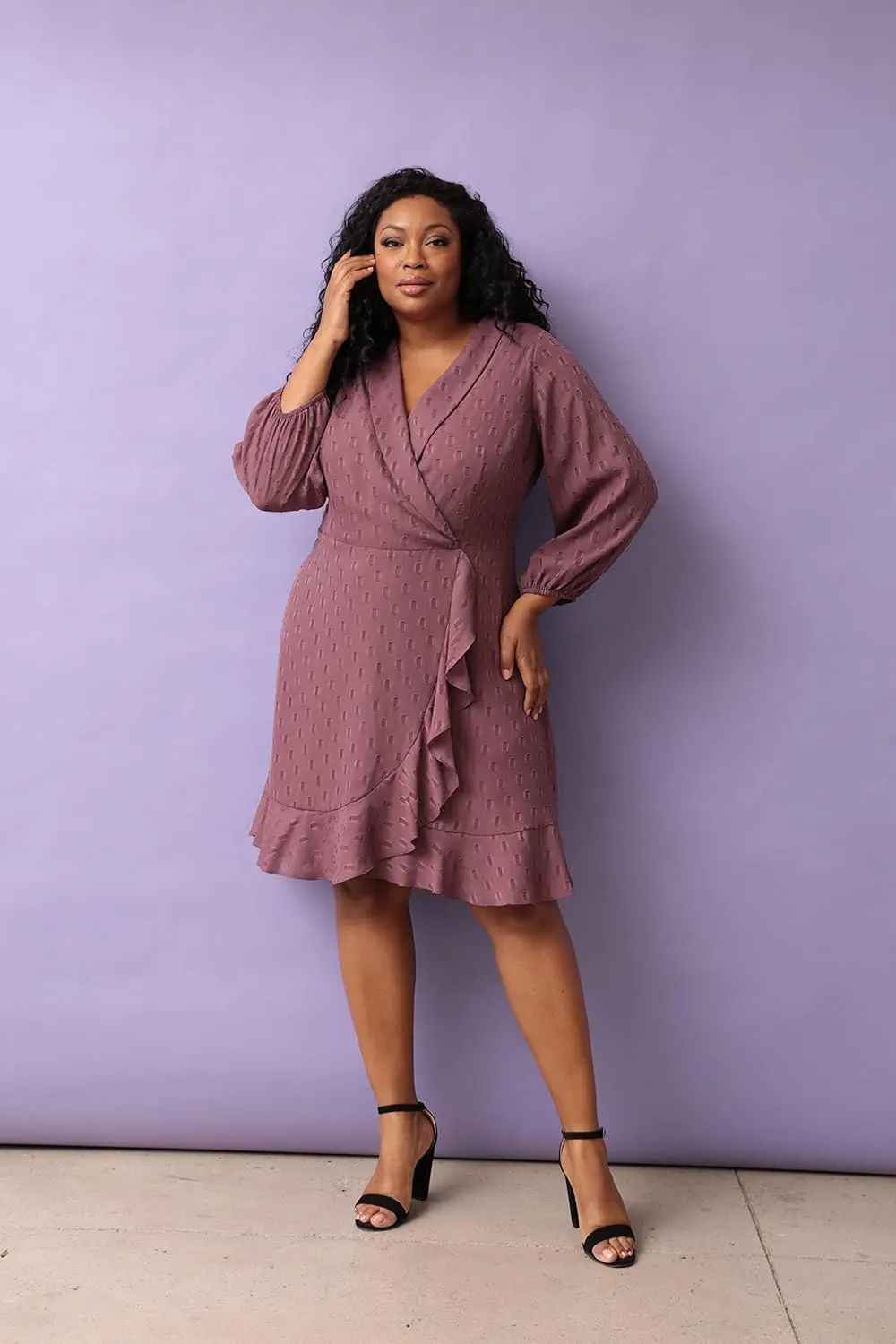 London Times Women's Plus Size Addie Collared Faux Wrap Dress