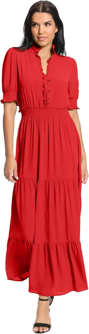 London Times Women's Plus Size Smocked Puff SLV Ruffle Nk Tiered Midi Dress