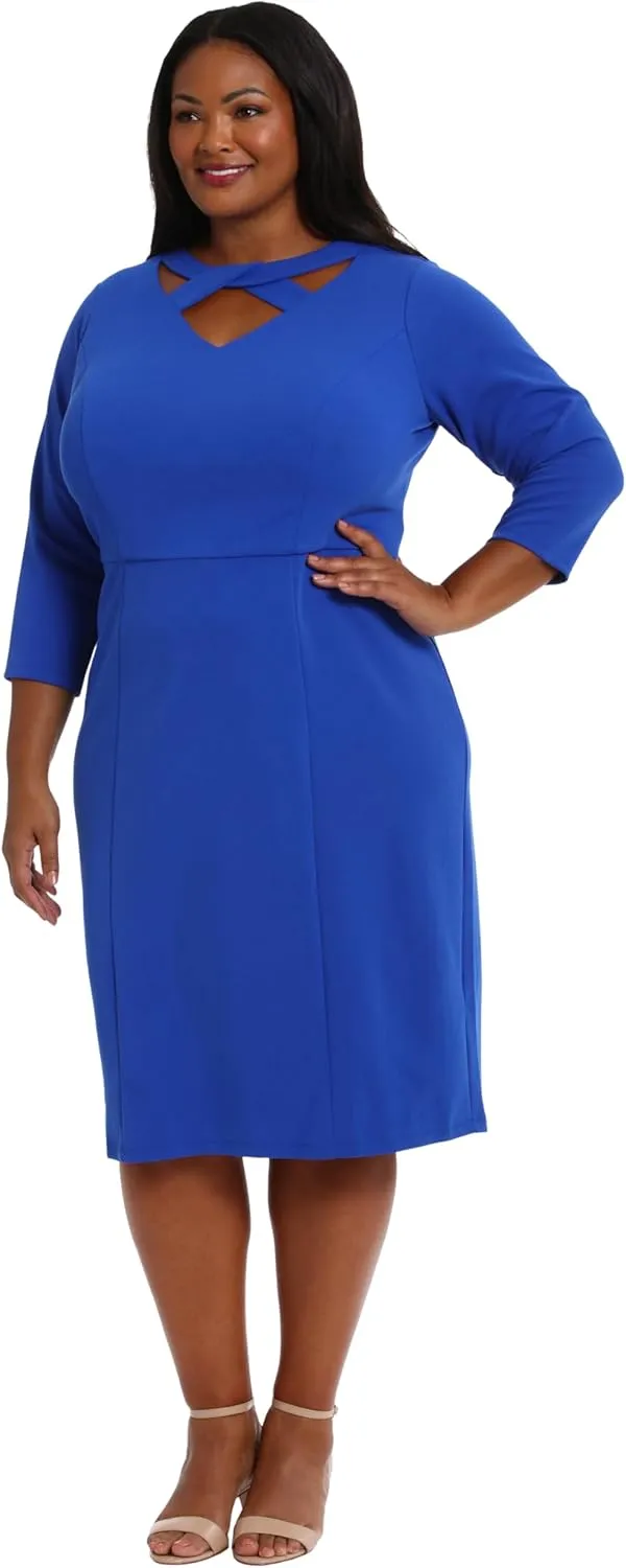 London Times Women's Scuba Crepe Neckline Detail Midi Sheath