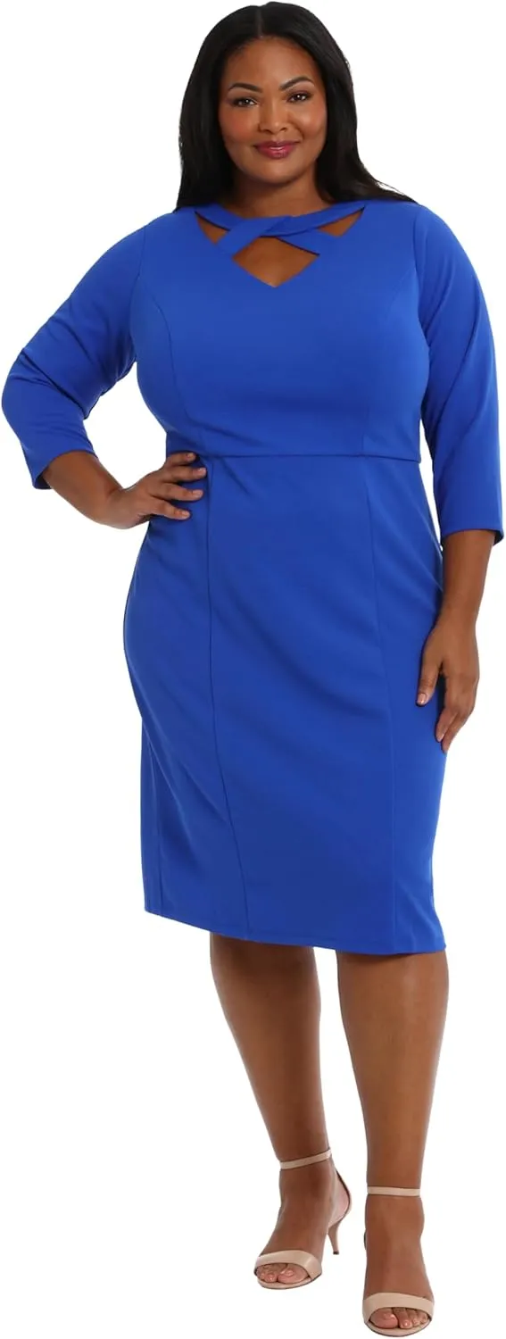 London Times Women's Scuba Crepe Neckline Detail Midi Sheath