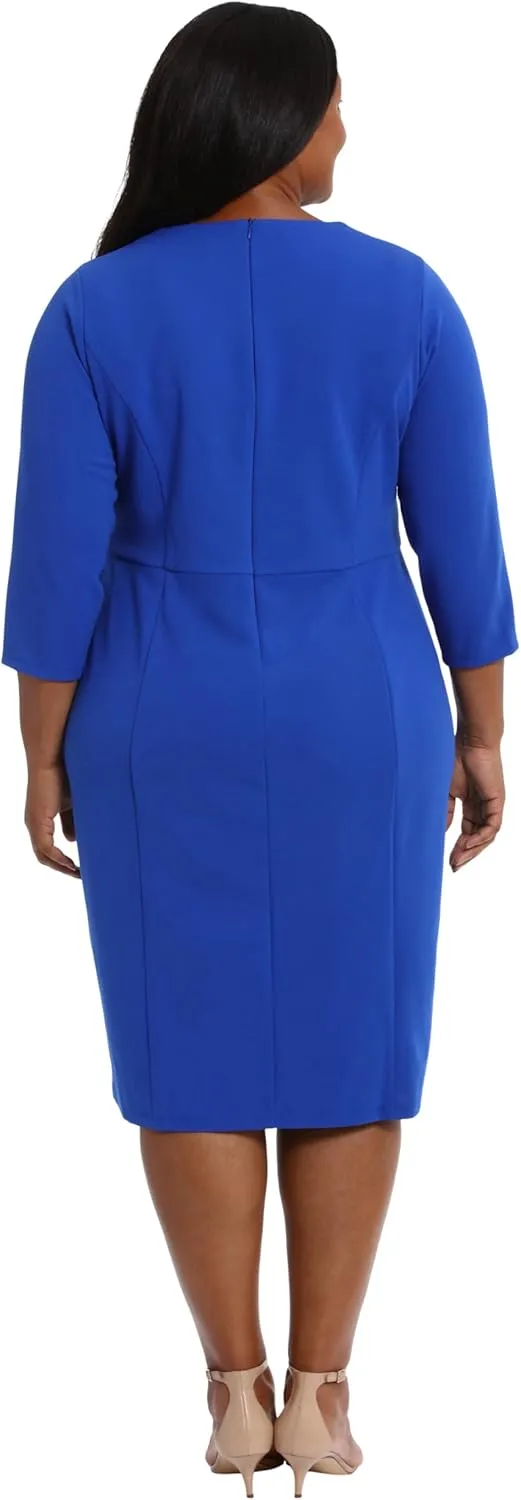 London Times Women's Scuba Crepe Neckline Detail Midi Sheath