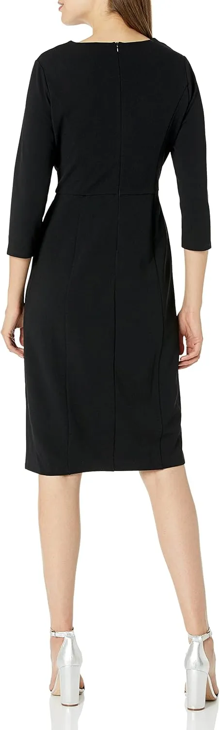 London Times Women's Scuba Crepe Neckline Detail Midi Sheath