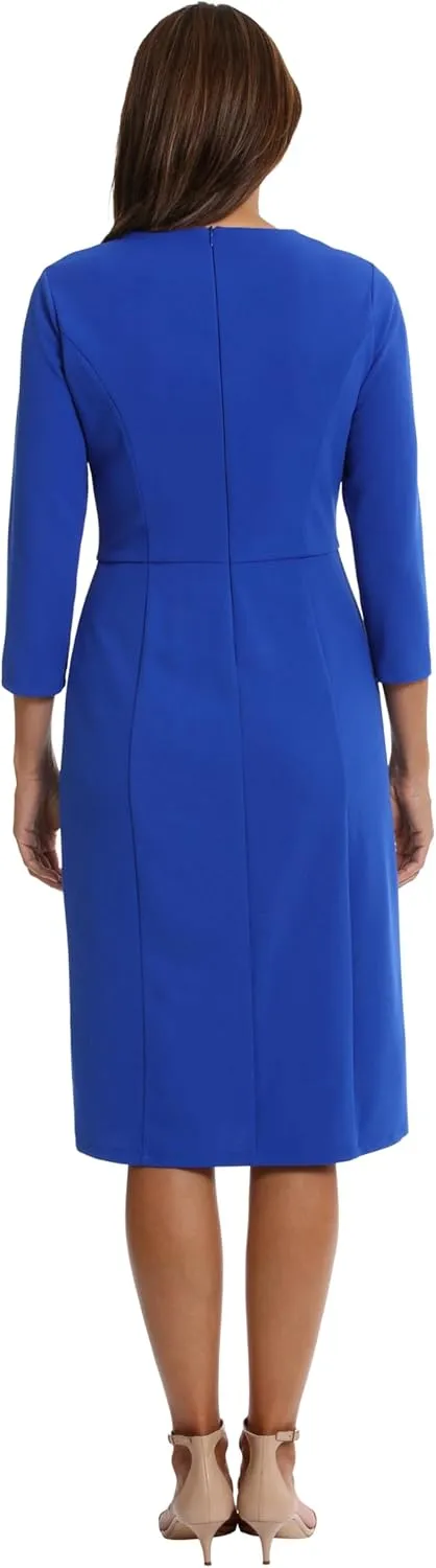 London Times Women's Scuba Crepe Neckline Detail Midi Sheath