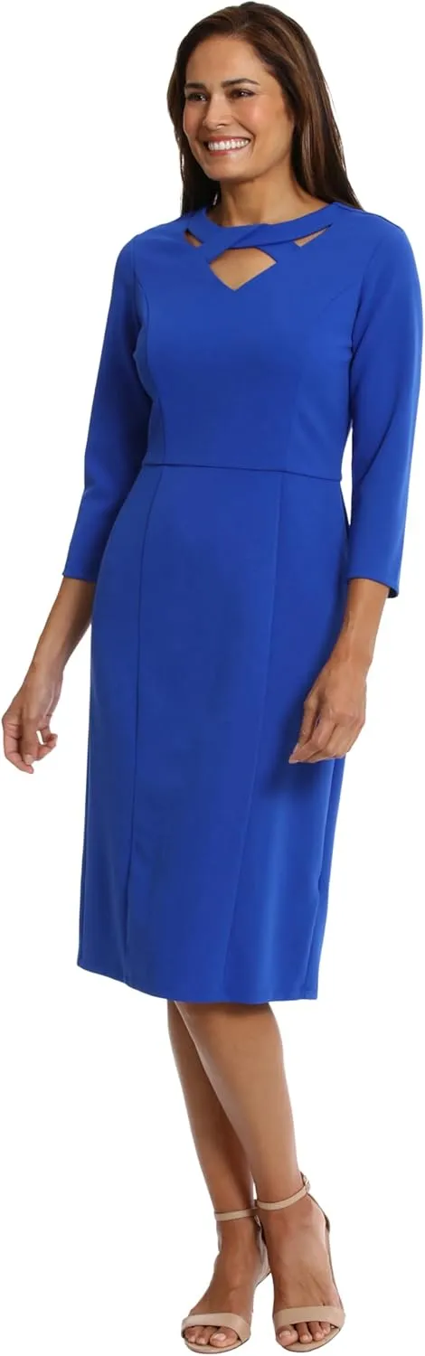London Times Women's Scuba Crepe Neckline Detail Midi Sheath