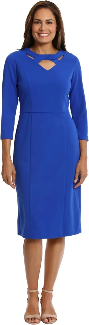 London Times Women's Scuba Crepe Neckline Detail Midi Sheath