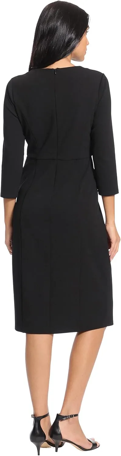 London Times Women's Scuba Crepe Neckline Detail Midi Sheath