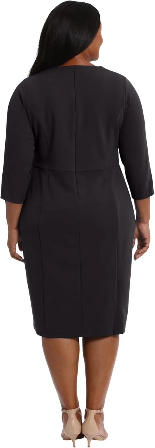London Times Women's Scuba Crepe Neckline Detail Midi Sheath