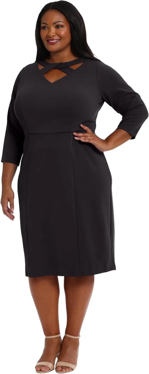 London Times Women's Scuba Crepe Neckline Detail Midi Sheath