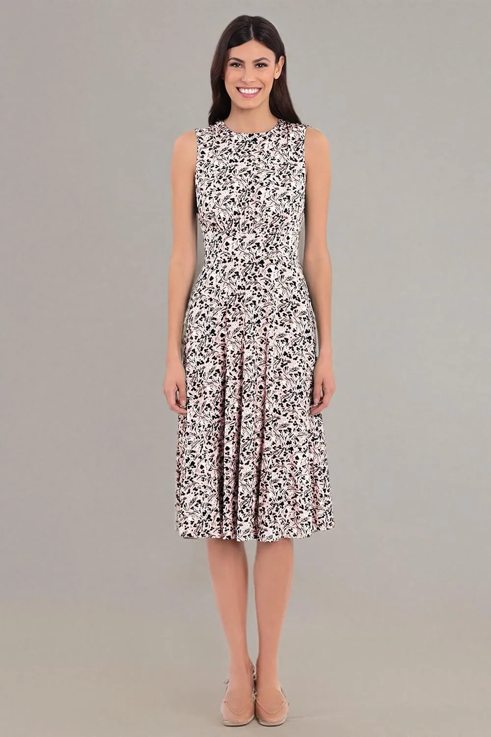 London Times Women's Sleeveless Inset Waist Midi Fit and Flare Dress