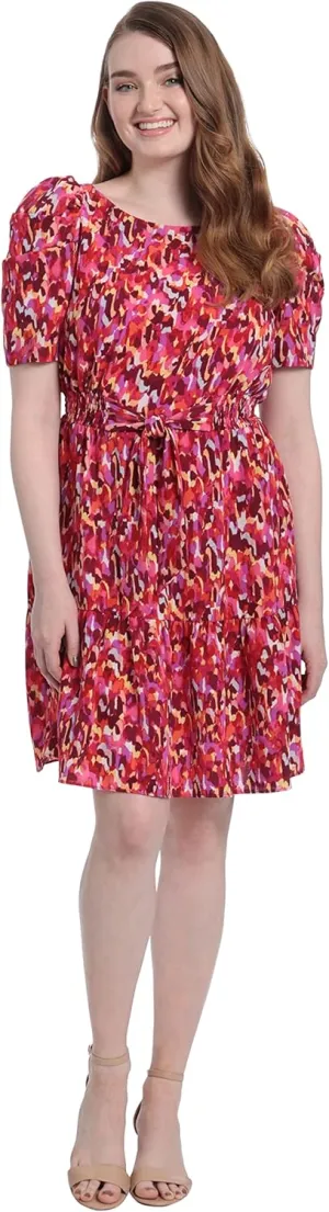 London Times Women's Smocked Waist with Bow and Puff Sleeve Dress